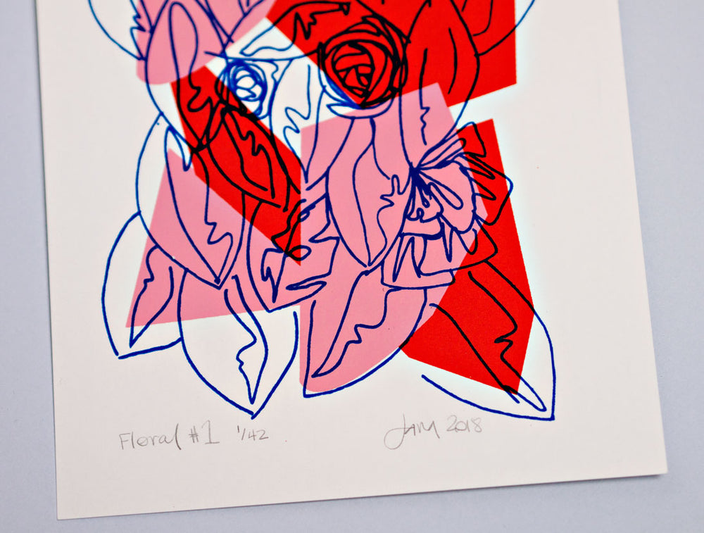 The Completist pink and red floral screen print
