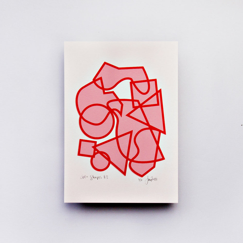 The Completist pink and red geo shapes print