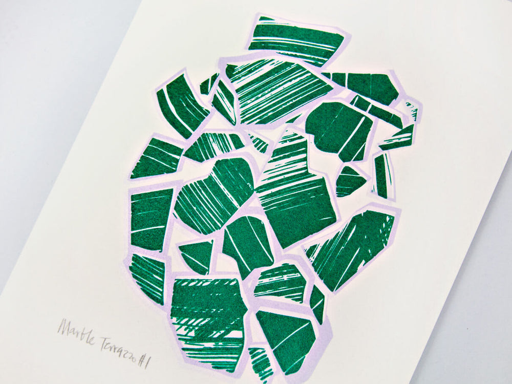 The Completist lilac and green marble terrazzo card
