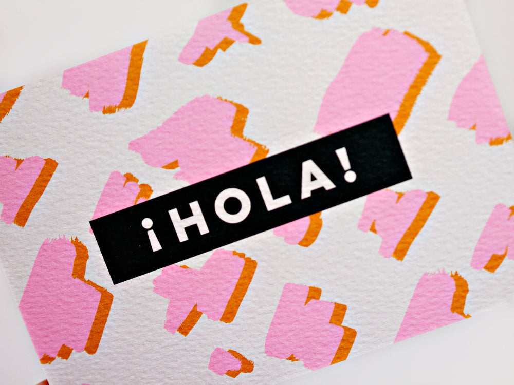 The Completist pink mustard hola animal print postcard