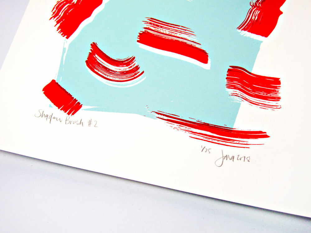 The Completist red and blue shadow brush screen print