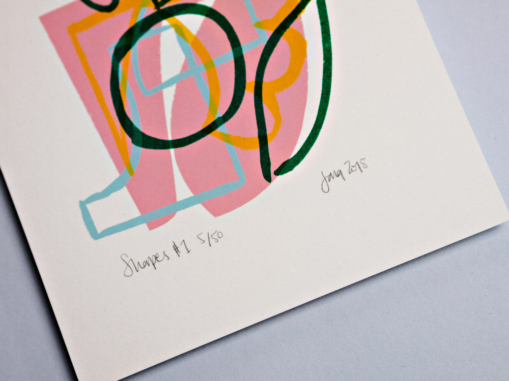 The Completist shapes pink screen print