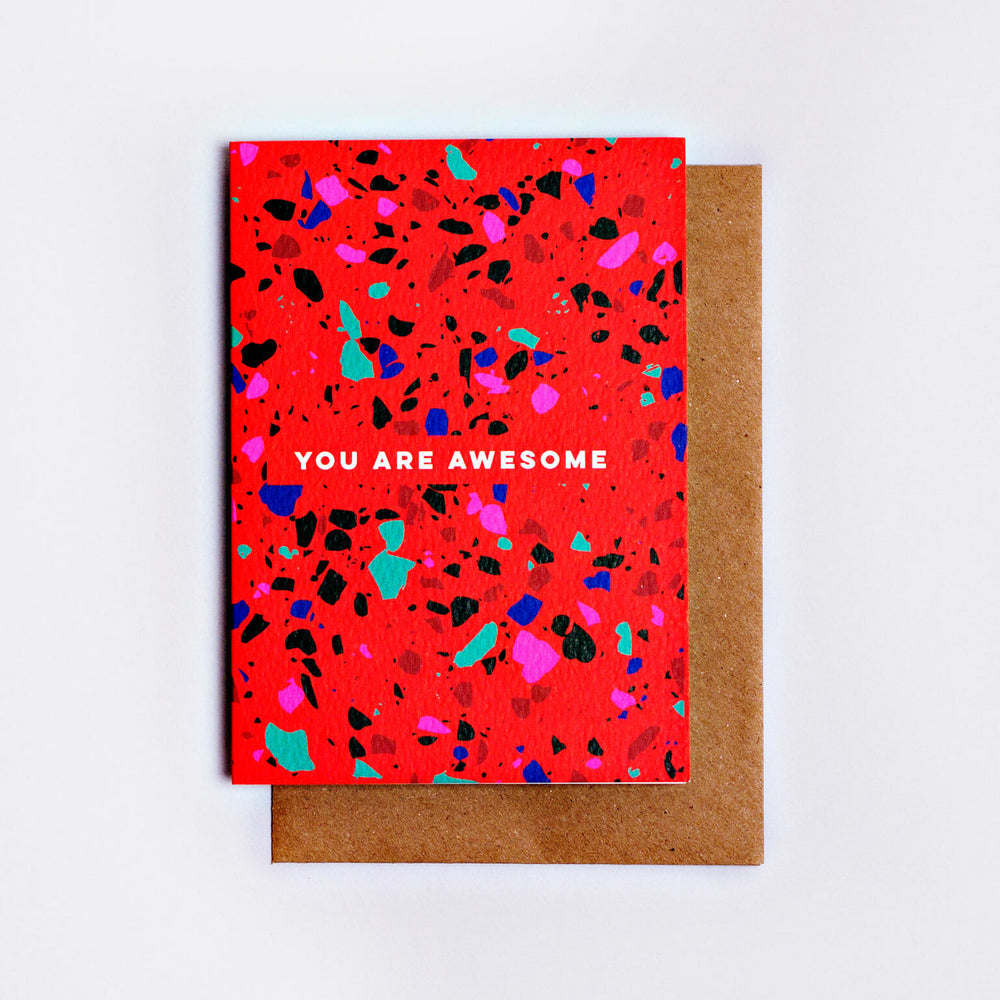 The Completist you are awesome red terrazzo print card