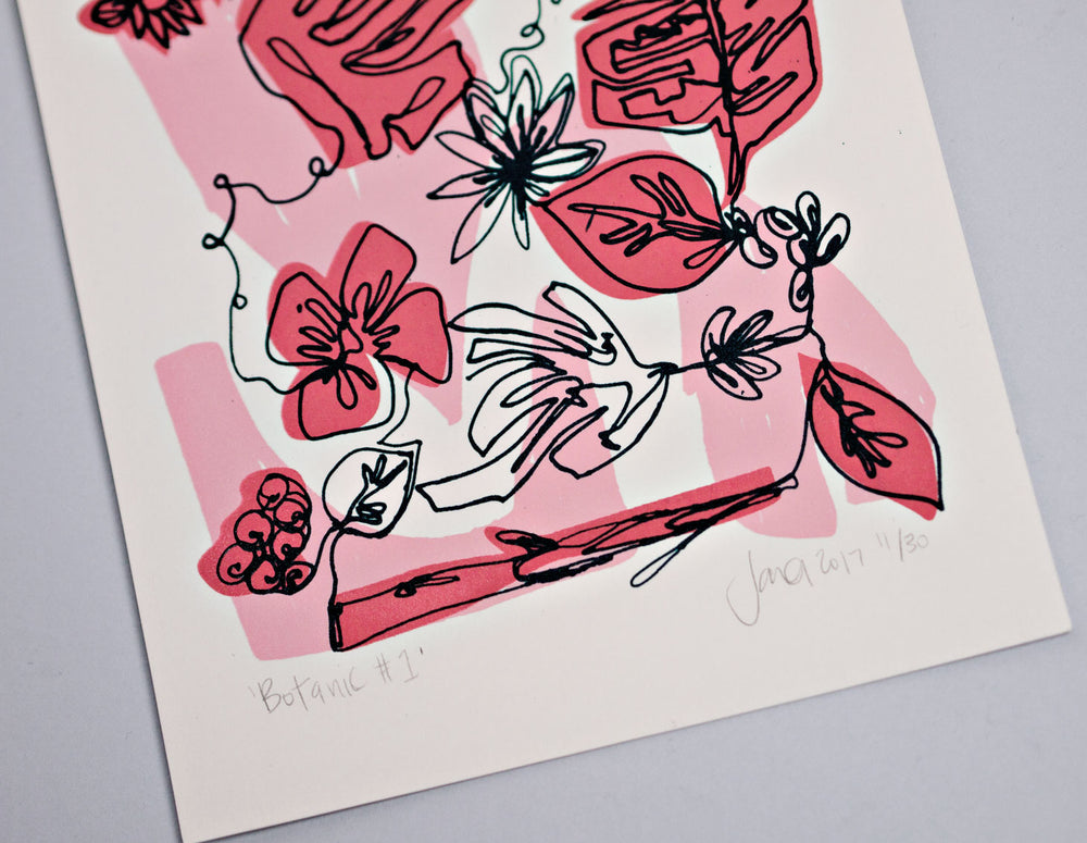The Completist pink botanic screen print