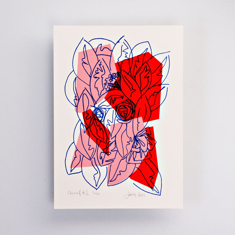 The Completist pink and red floral screen print