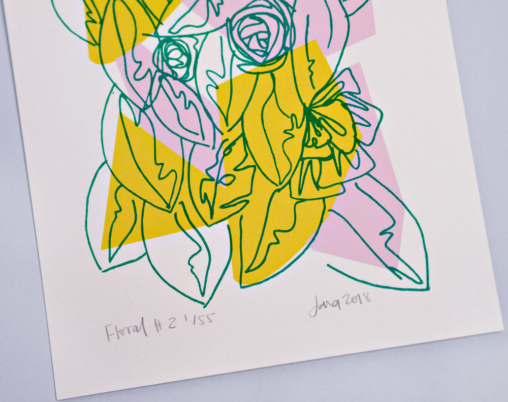 The Completist pink and yellow floral screen print