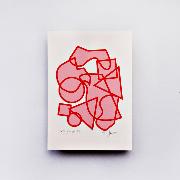 The Completist pink and red geo shapes print