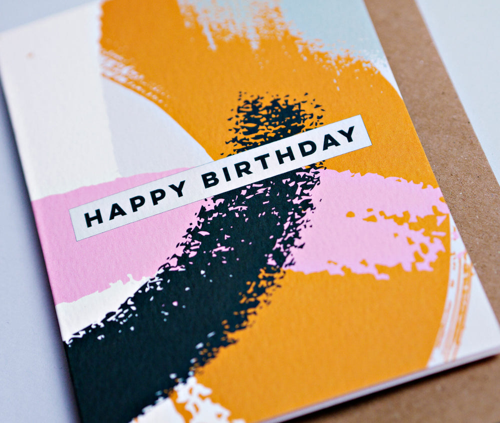 The Completist pink mustard brushstroke birthday card