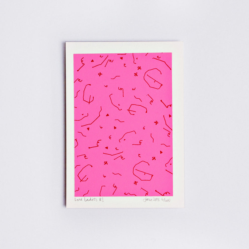 The Completist neon pink line drawing screen print