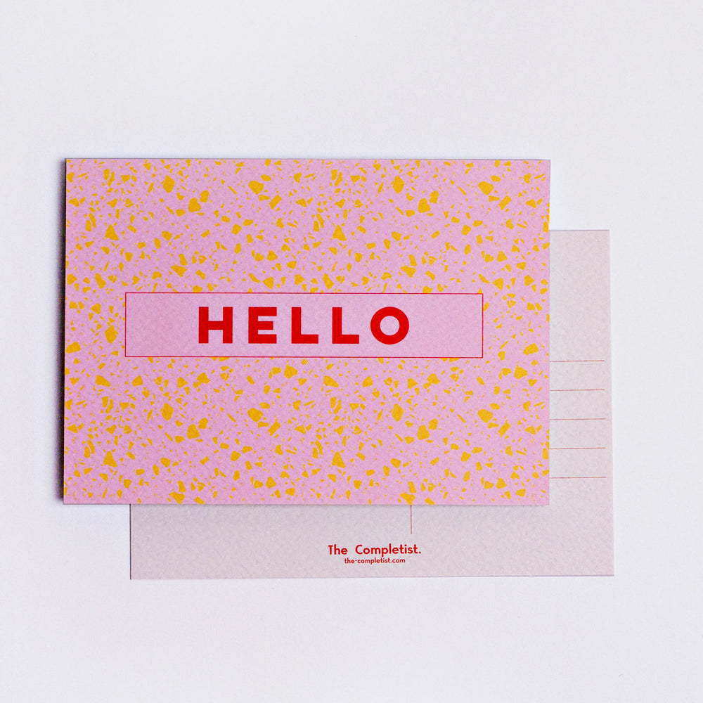 The Completist pink mustard hello terrazzo postcard