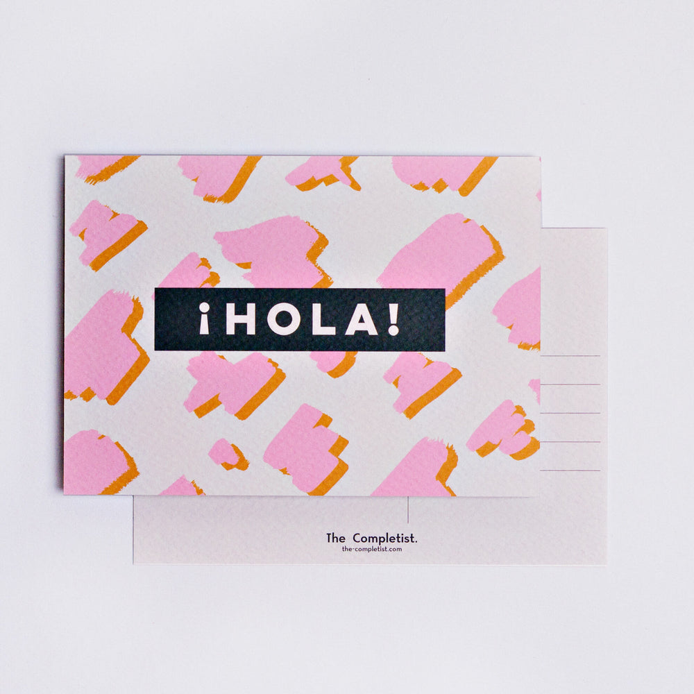 The Completist pink mustard hola animal print postcard