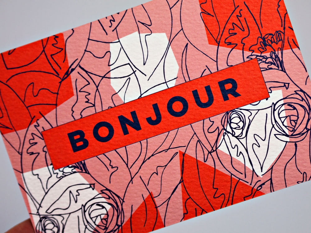 The Completist pink red botanic floral print bonjour postcard