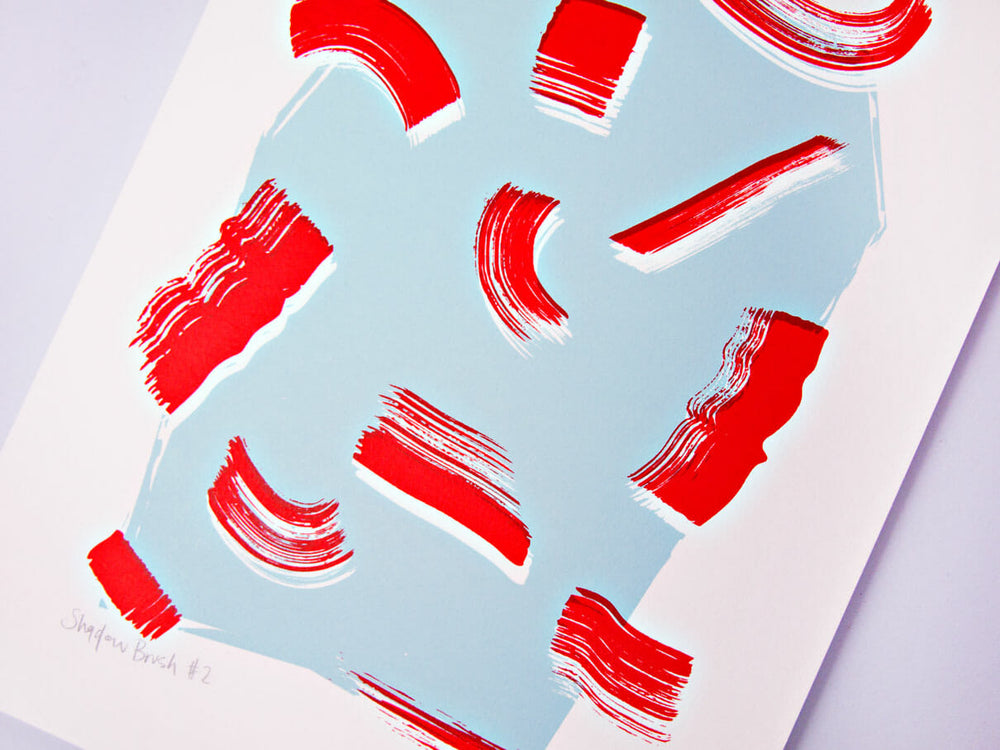 The Completist red and blue shadow brush screen print
