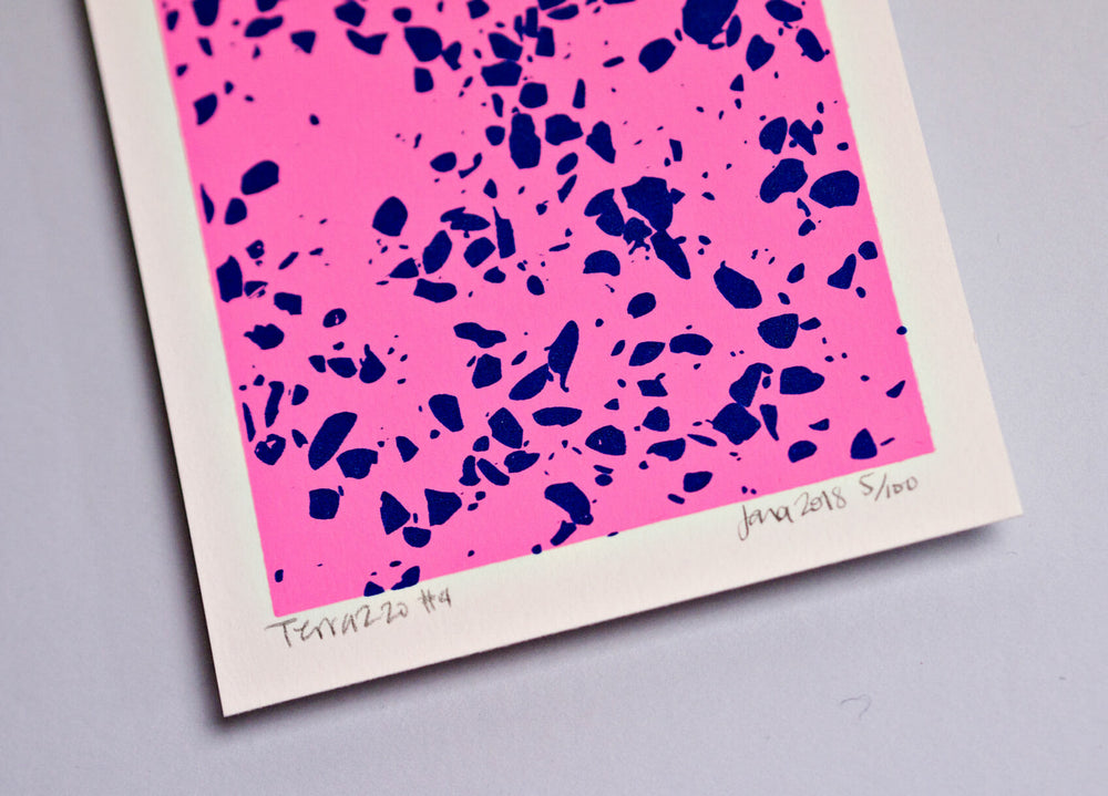 The Completist neon pink terrazzo screen print