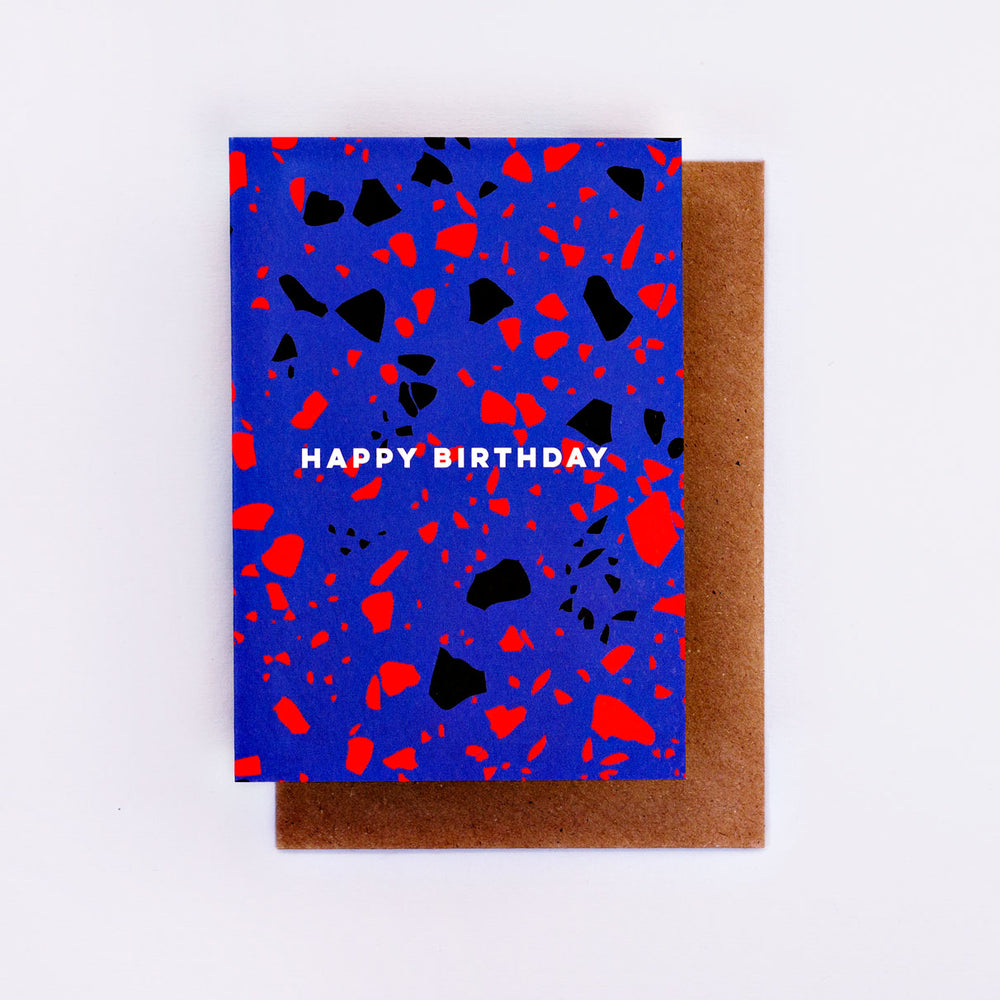 The Completist blue terrazzo birthday card