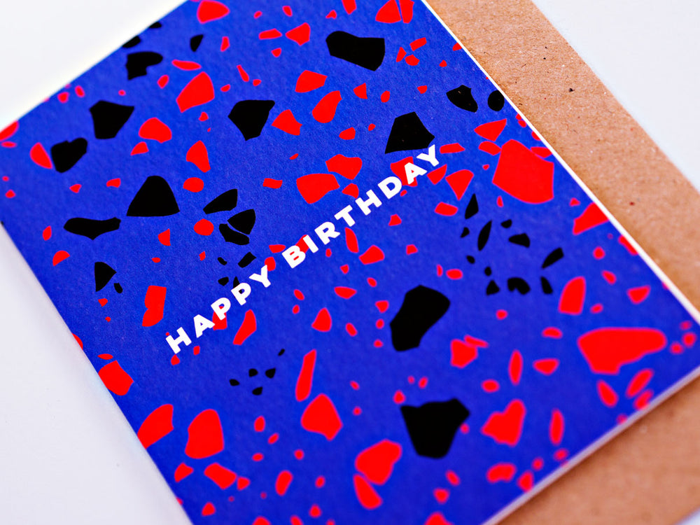 The Completist blue terrazzo birthday card