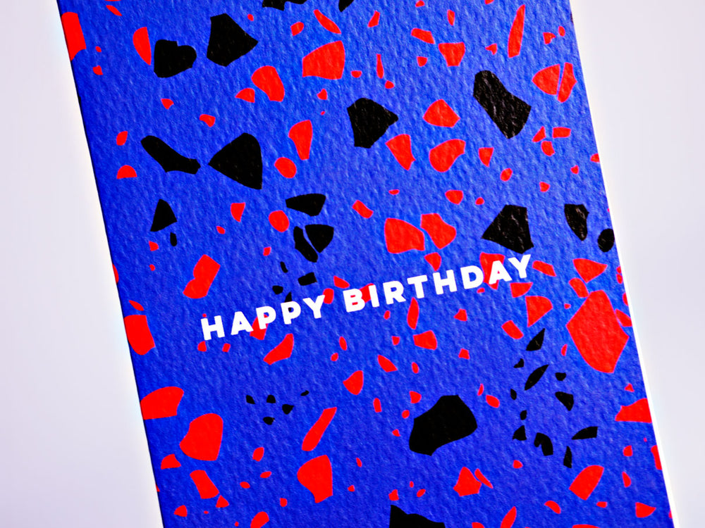 The Completist blue terrazzo birthday card