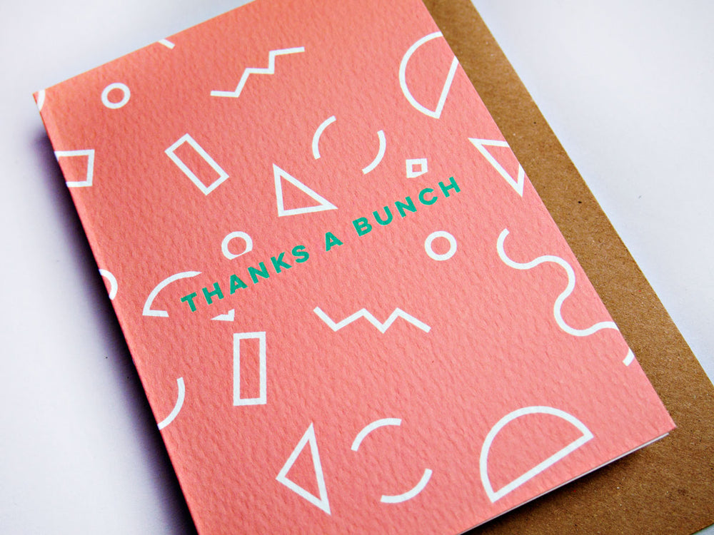 The Completist pink memphis shapes print thanks a bunch card